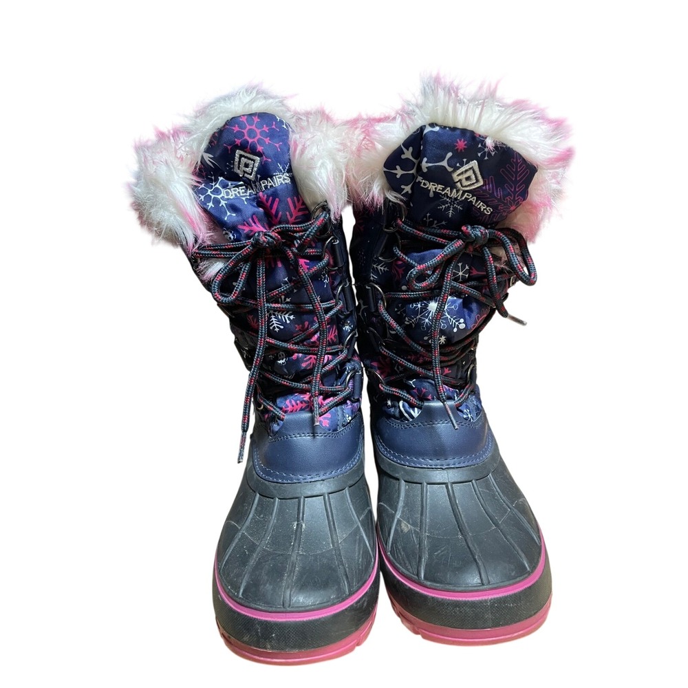 Dream Pairs Girls Winter Snow Boots Waterproof Fur Lined Pink Snowflake Size 4